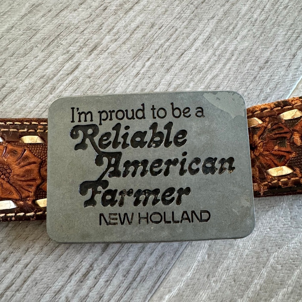 Vintage New Holland American Farmer‎ Belt Buckle 1982 Leather Belt Agricultural